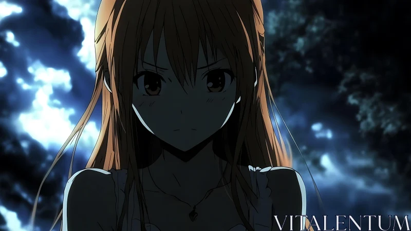 Backlit anime girl rendered with high-contrast rim lighting in night