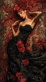 Scarlet muse reclines in baroque florals and midnight silk