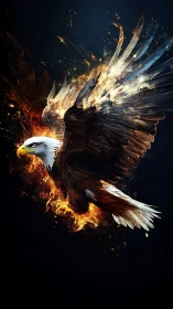 Fiery digital eagle with burning wings in dark space.