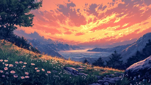 Sunlit alpine meadow over mountain lake at incandescent sunset