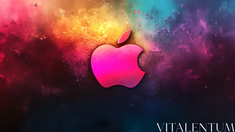 Iridescent pink apple emblem in explosive nebula field.