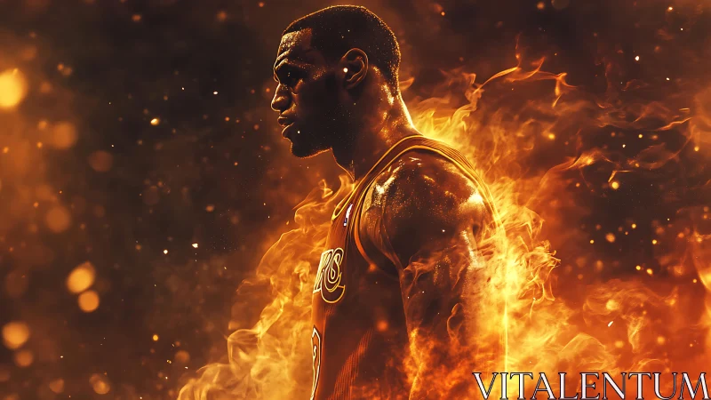 Flaming hardwood titan strides through molten arena haze.