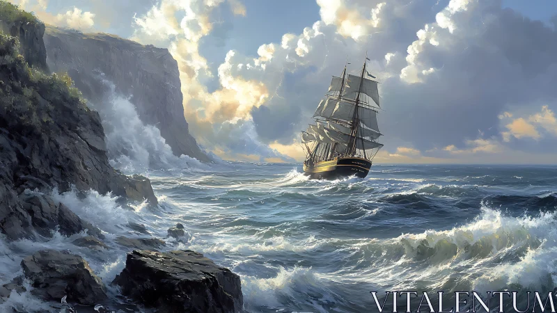 Square-rigged tall ship in storm-sculpted coastal seascape