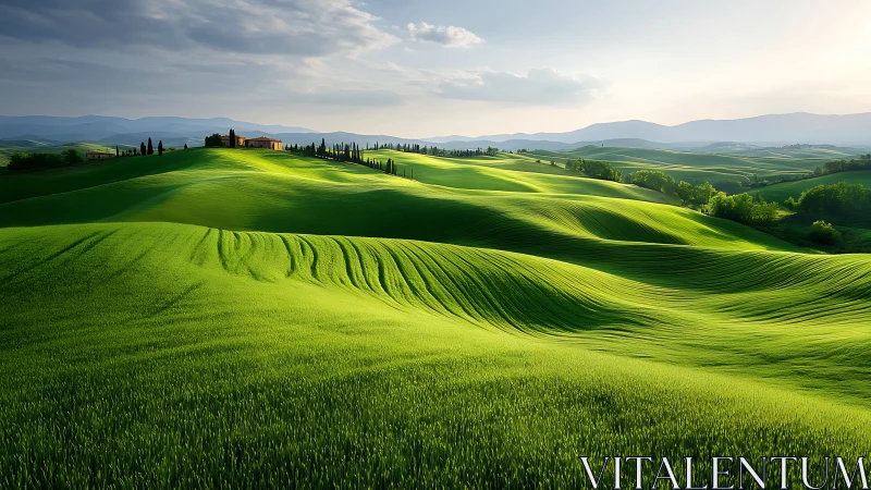 Sunlit green hills form layered agricultural terrain