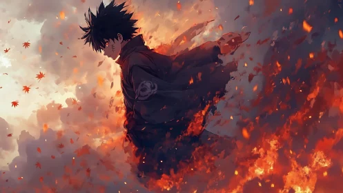 Storm-tossed anime warrior drifting through embers and sky.