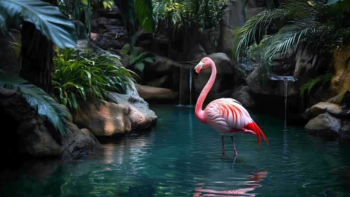 Graceful flamingo stands in lush jungle pool at dusk