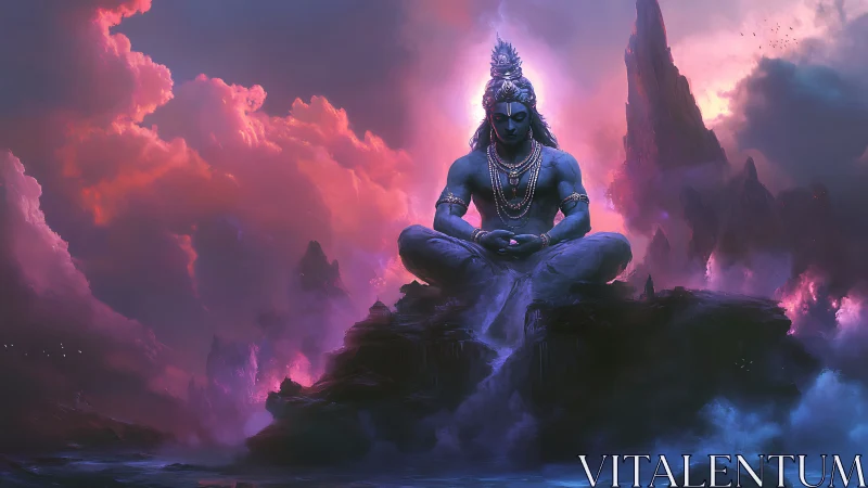 Cosmic blue yogi meditating amid stormlit violet clouds.