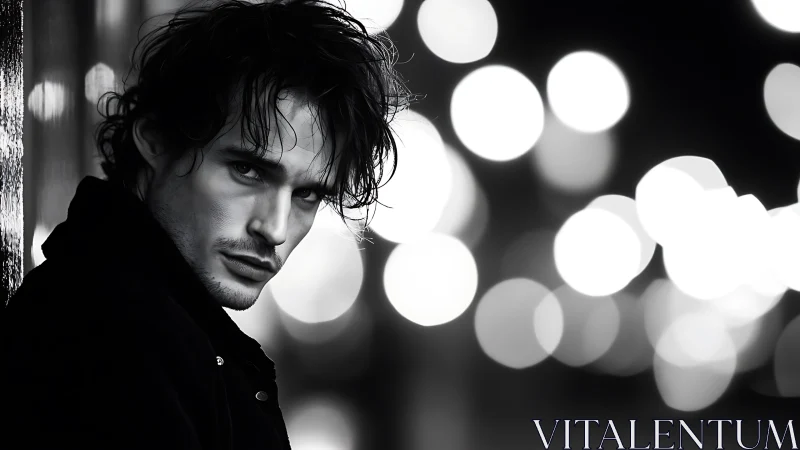 Moody monochrome portrait against urban night bokeh glow.