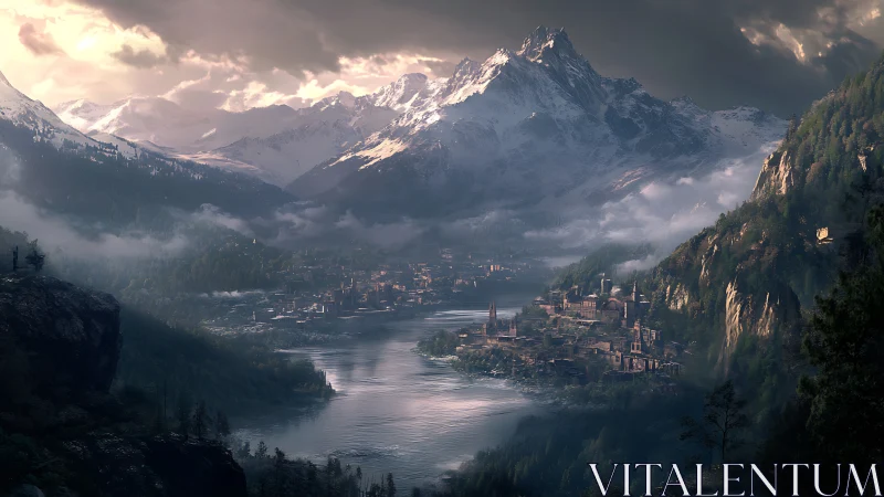 Mountain river valley city under dramatic storm-lit skies.