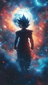 Silhouetted cosmic warrior before luminous nebula sphere