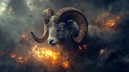 Storm-horned celestial ram drifting through embered thunderclouds.