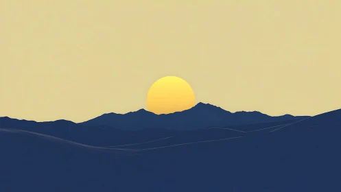 Sun sets behind stylized blue mountain ridge in silhouette