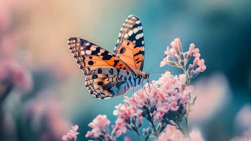 Orange patterned butterfly on pink blossoms in soft focus.