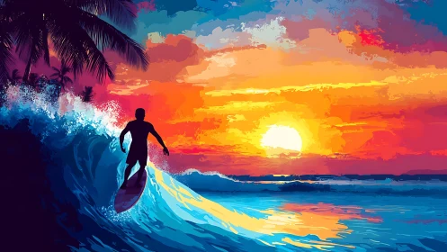 Surfer riding wave against vivid tropical sunset sky.