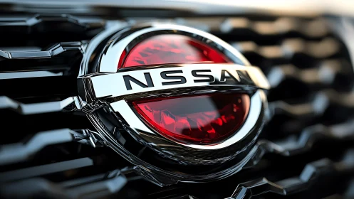 Close-up view of Nissan vehicle grille emblem in macro focus.