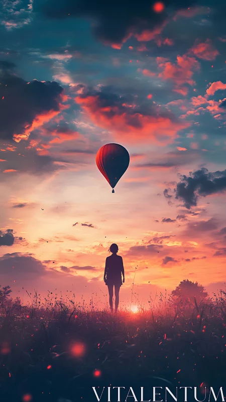 Silhouette gazes at drifting hot air balloon at dreamlike dusk.