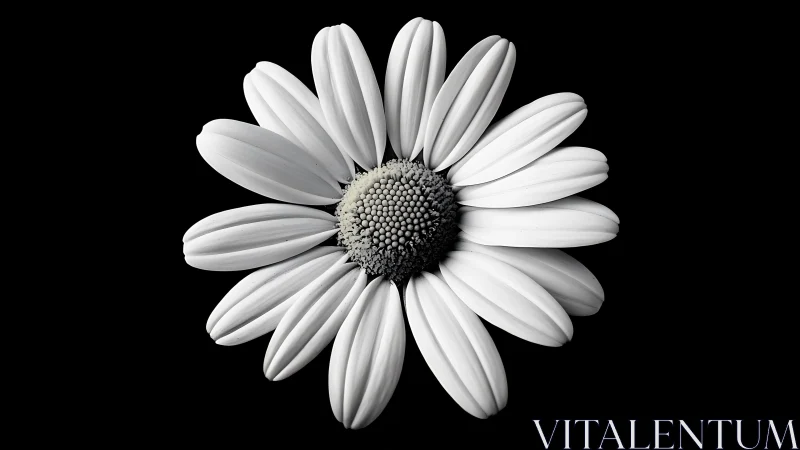 Single daisy blossom glows against deep black background.