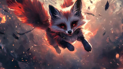Fiery spirit fox dives through embers and swirling smoke.