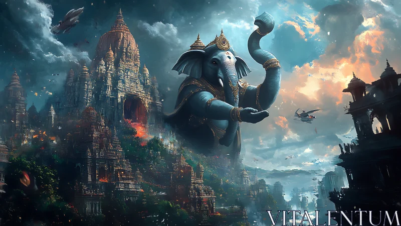 Colossal elephant deity floats above futuristic temple city.