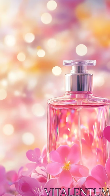 Photorealistic pink perfume flacon amid blossom foreground.