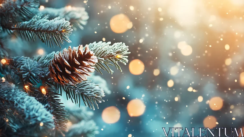 Frosted fir branch with pinecone under warm bokeh illumination.