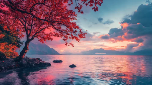 Chromatic shoreline canopy under spectral sunset sky.