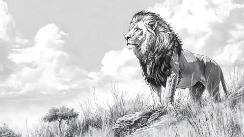 Lone lion surveys bright savanna skies in quiet pride.