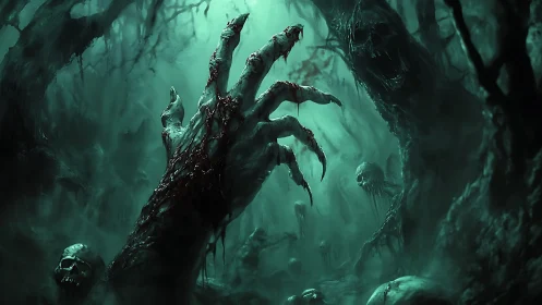 Digital painting of undead hand emerging in haunted swampscape.