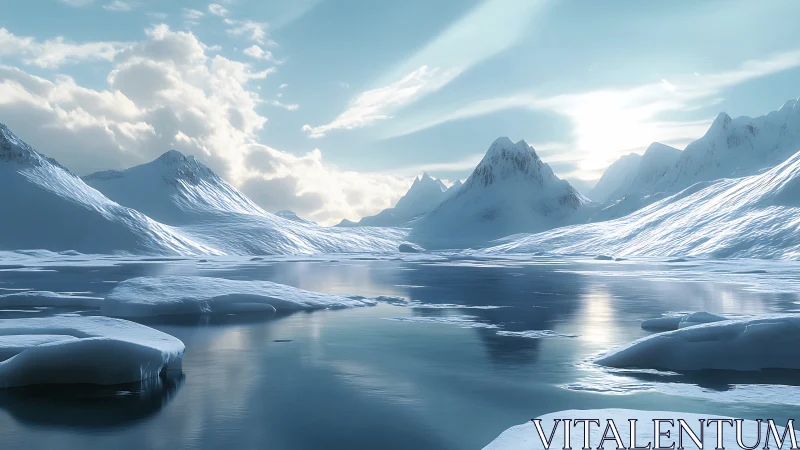 Snow-covered mountains surround a reflective polar inlet