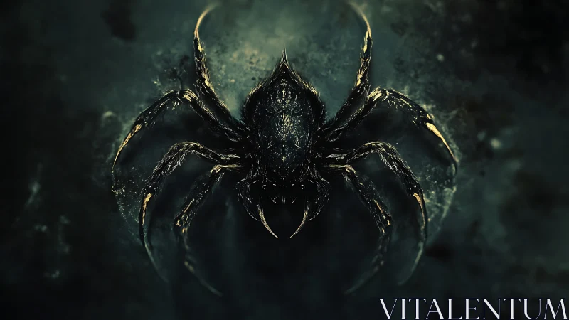Dark armored spider emerges from a shadowed abyss.