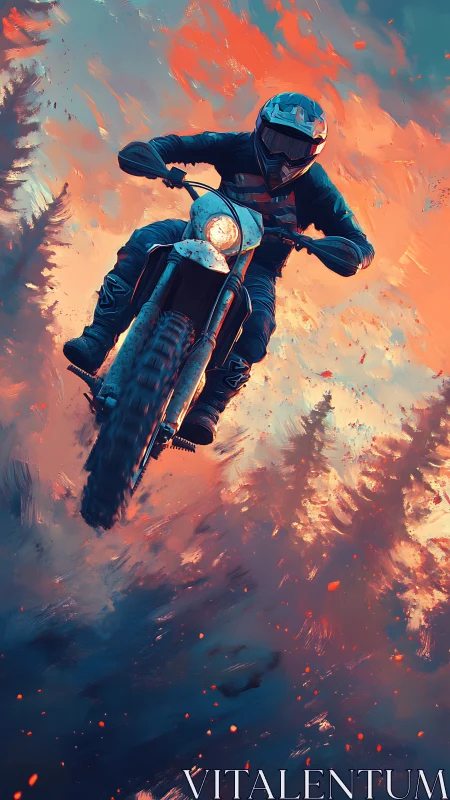 Motocross rider soars through fiery forest sky at dusk.