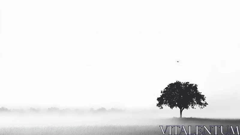 Solitary tree rises in soft morning misty horizon.