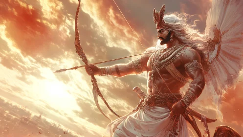 Warrior archer aiming skyward in dramatic sunset scene.