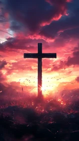 Cross at sunrise glowing with gentle hope and quiet peace.
