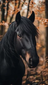 Ebony horse portrait amid softly blurred autumn forest.