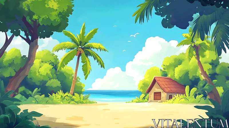 Tropical Island Beach Cottage Scene Illustration