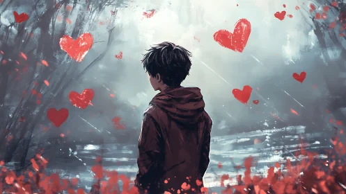 Backlit boy in red hoodie studies floating hearts in misty forest