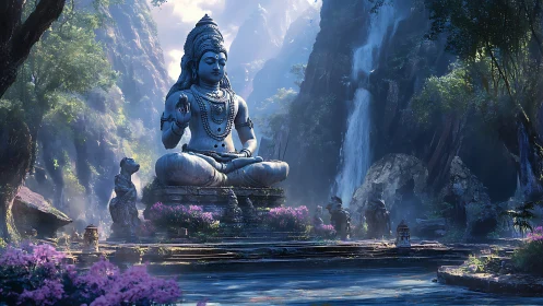 Monumental Shiva statue in misty canyon sanctuary with waterfalls