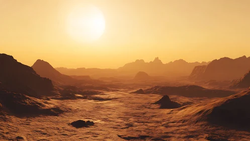 Desert planet landscape shows rocky plains under harsh sun