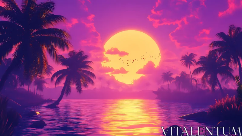 Digital tropical seascape depicts stylized sunset scene