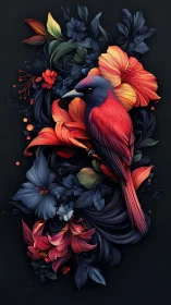 Chromatic passerine nested in hyper-detailed floral vortex.