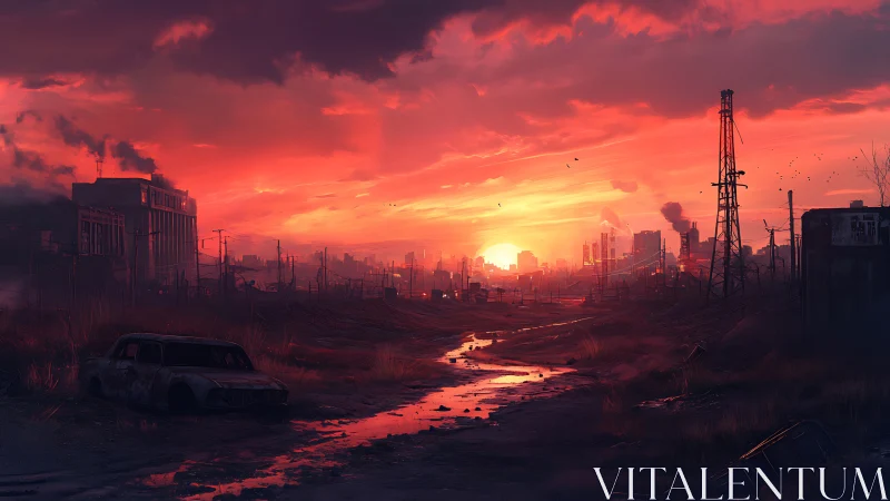 Post apocalyptic industrial city under intense red sunset.