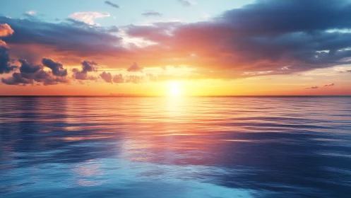 Vivid ocean sunset with glowing horizon and reflective water.