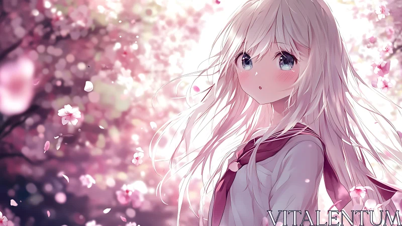 Anime spring portrait with cherry blossom bokeh composition.