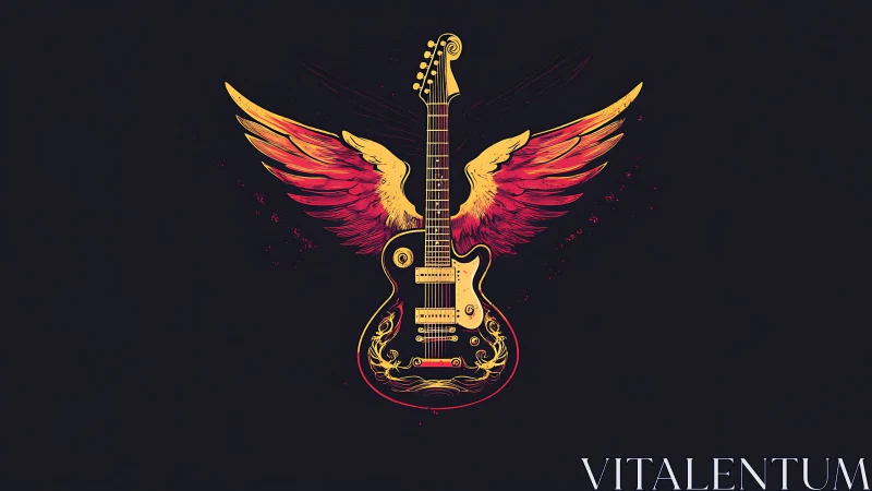 Winged electric guitar blazes upward like a neon phoenix