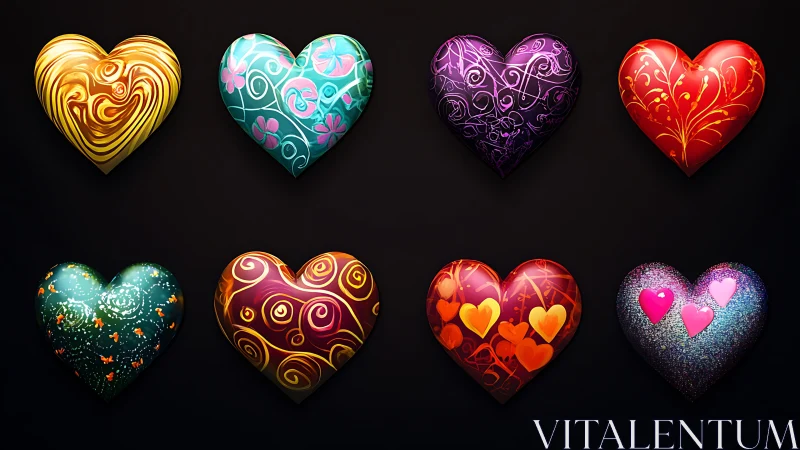 Eight Luminous Decorative Hearts in Vibrant Colors