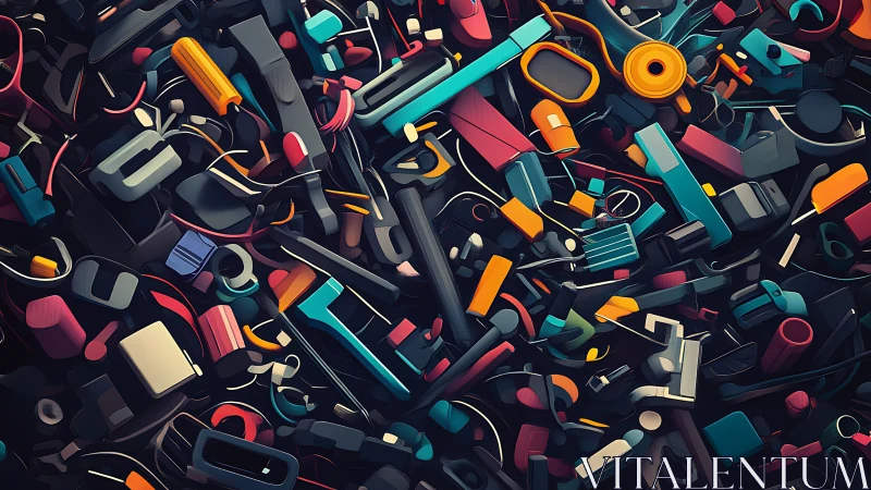Digital heap of colorful tools and tech fragments in chaos.