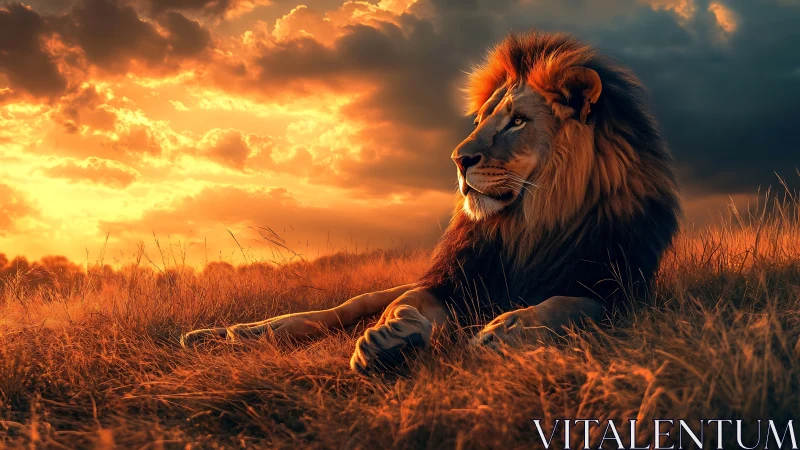 Lion rests in blazing savanna sunset light, regal profile.