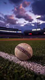 Sunset baseball resting quietly on the glowing infield line.