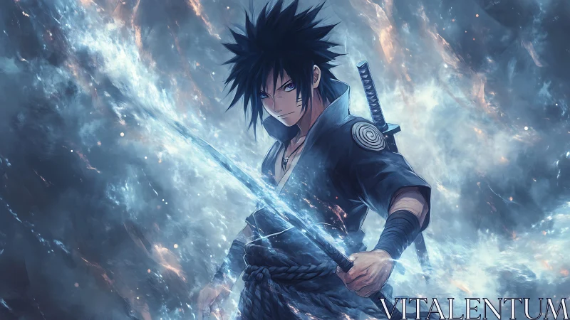 Stormforged anime swordsman cleaves lightning through night.